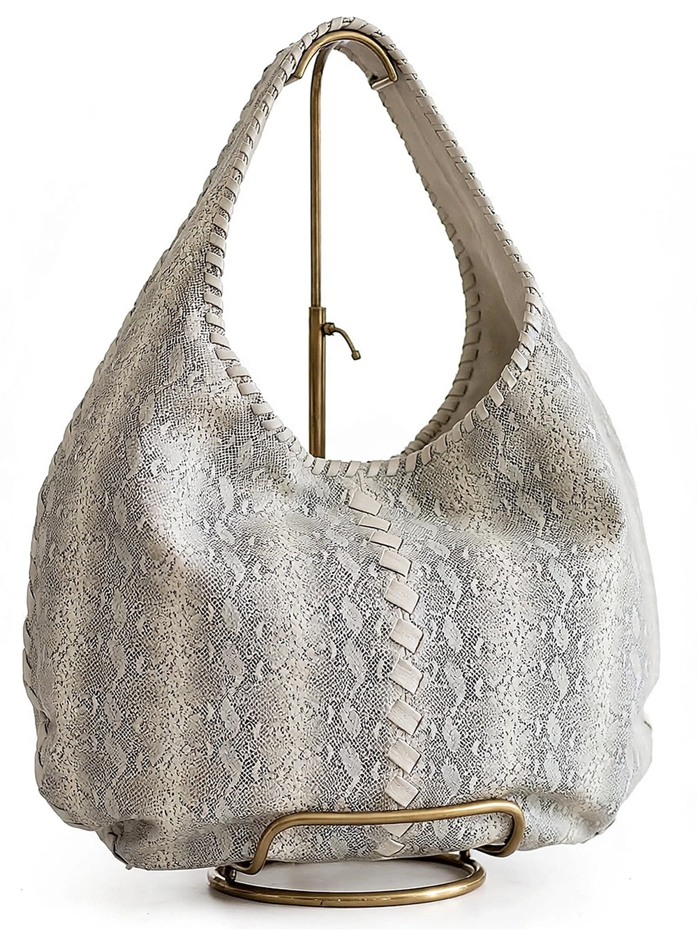B-Low The Belt Python Snake Embossed Leather Hobo Bag Neutral Gray Cream